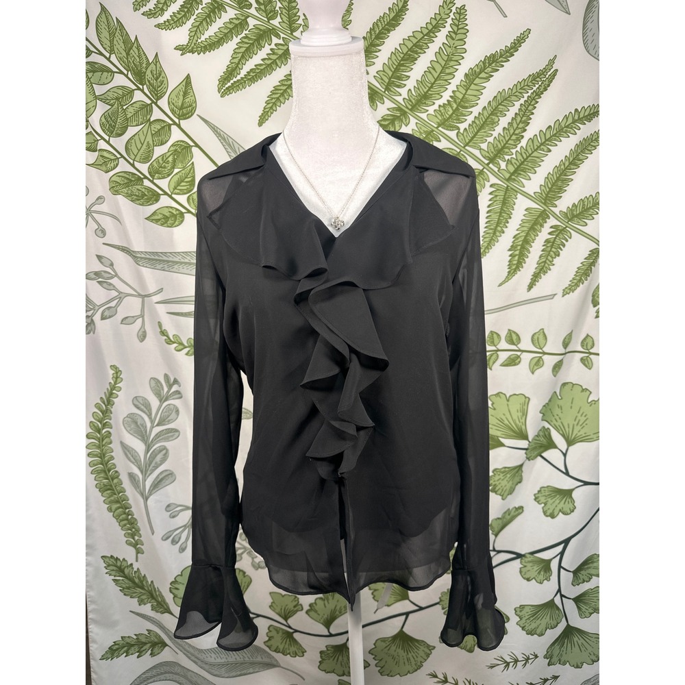 Chaps Womens Black Ruffle Front Sheer Chiffon Blouse with Camisole Size 4 (set)